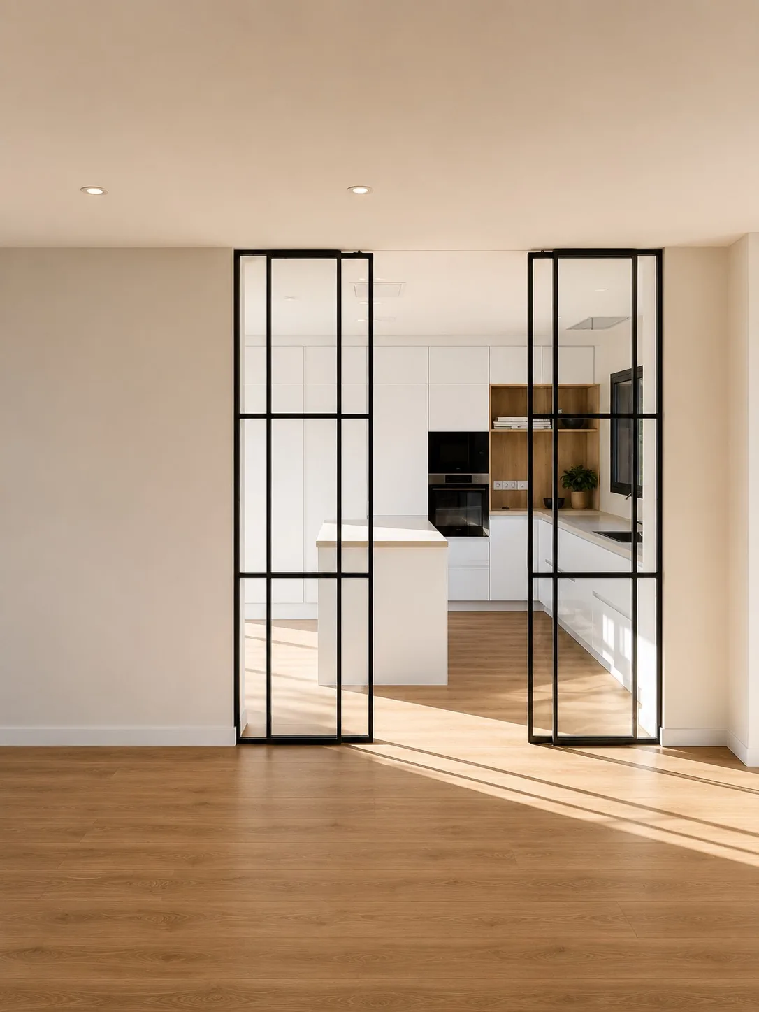 Salón con suelo de roble y vidriera negra tipo crittall hacia la cocina blanca